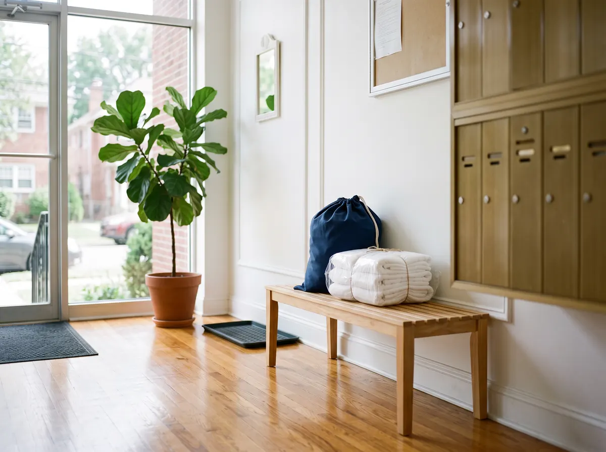 A laundry bag and folded towels waiting for pickup in an apartment lobby in Highland Park, NJ