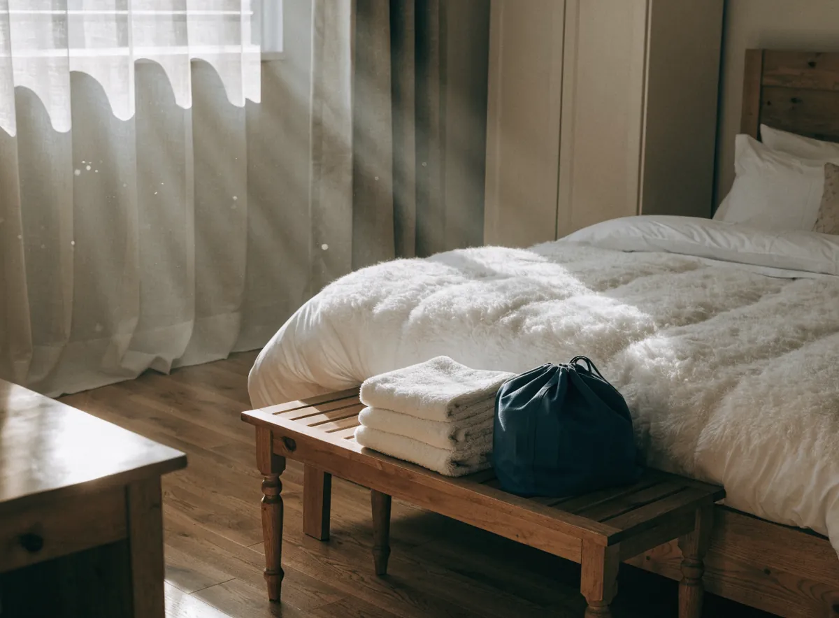 A fresh comforter and folded towels from laundry delivery in Green Brook, NJ