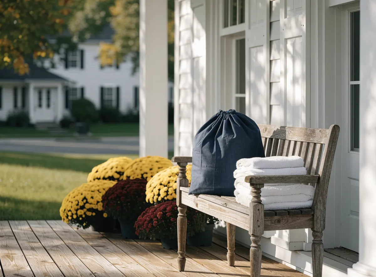 A laundry bag and folded towels on the front porch of a colonial home in Fanwood, NJ