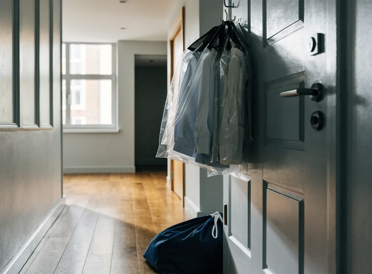 Dry cleaned shirts on a door hook and a laundry bag in a condo hallway in Metuchen, NJ