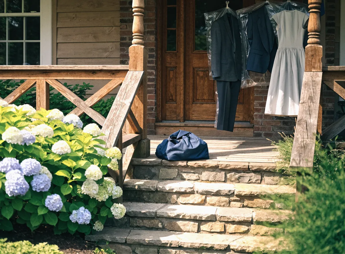 Dry cleaned suits and a dress delivered to a porch in Plainfield, NJ