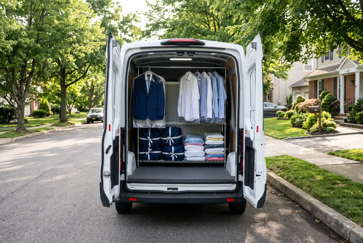 Pressed shirts, a suit, and bagged laundry orders loaded in a delivery van, ready to go out
