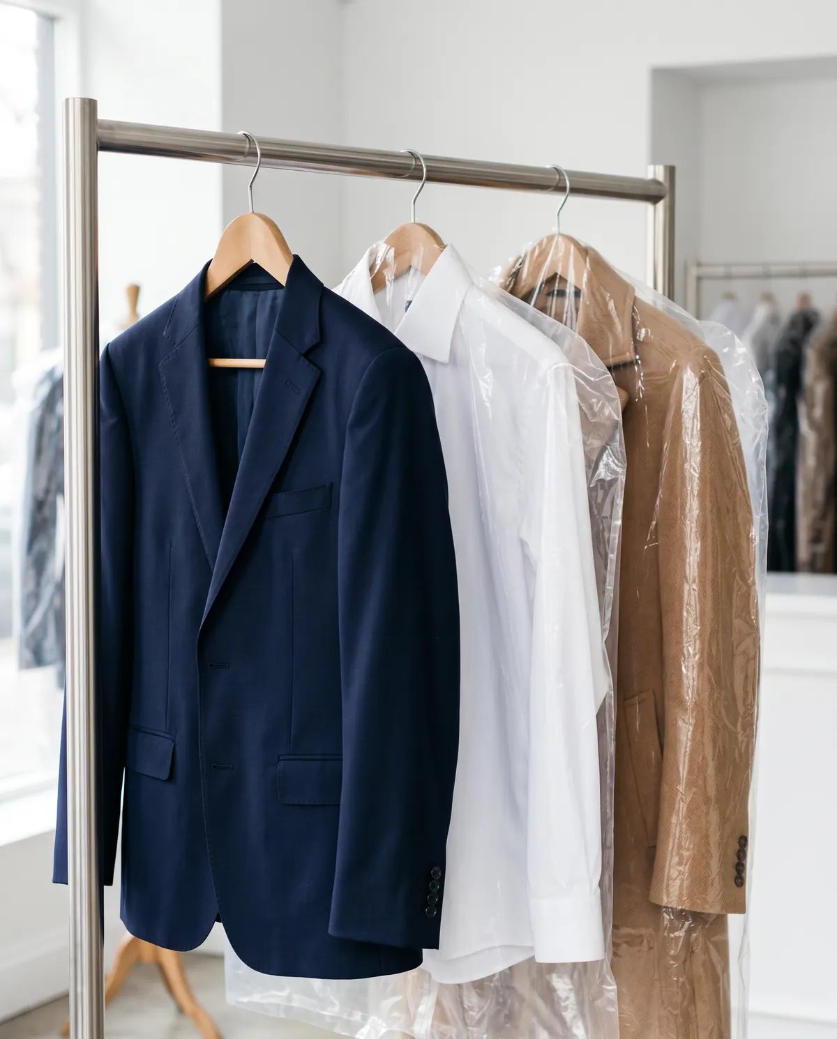 A navy suit jacket, white dress shirts, and a camel coat on hangers after dry cleaning