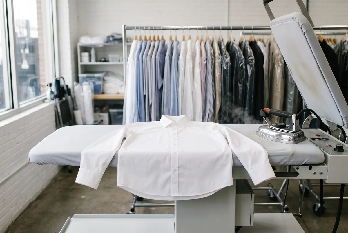 A white dress shirt on a steam press with pressed shirts on hangers behind it