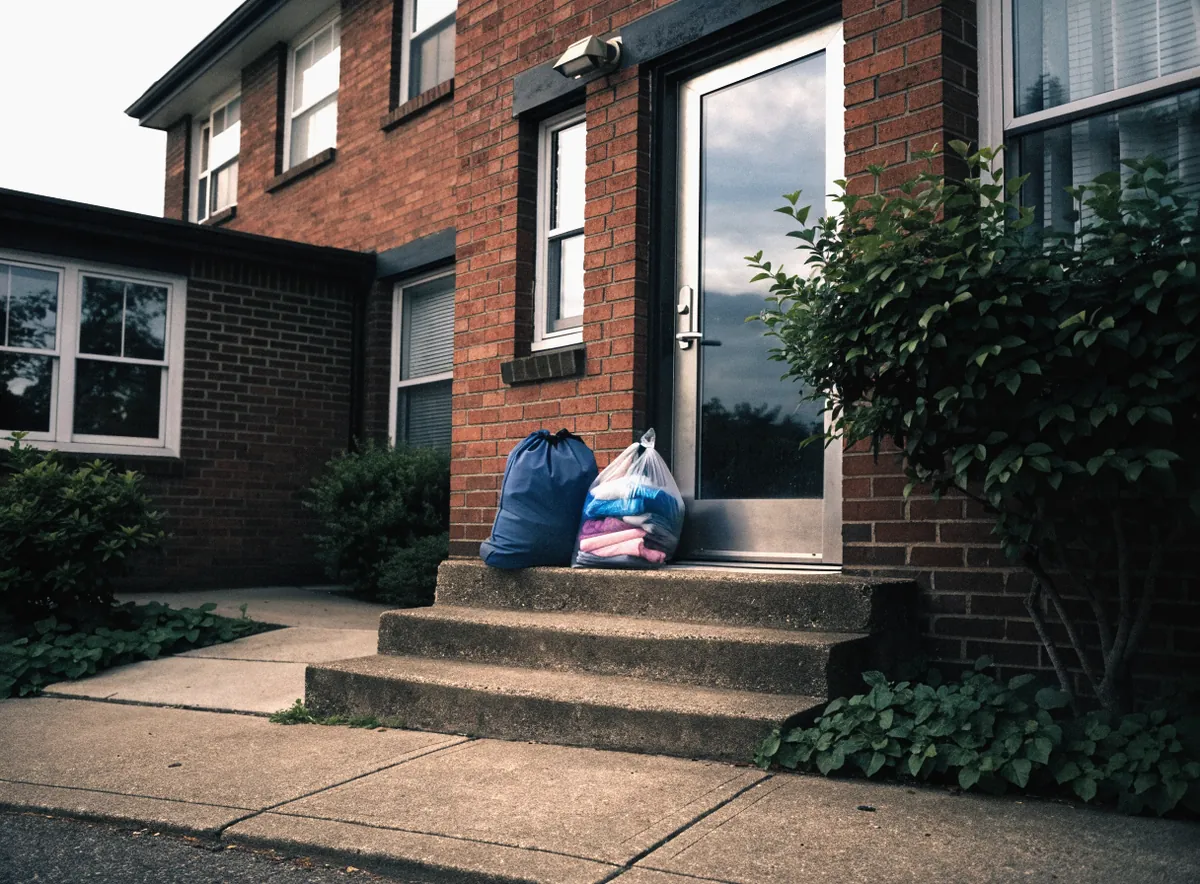 Laundry bags waiting for pickup at a garden apartment entrance in North Plainfield, NJ