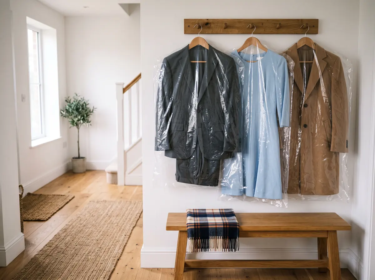 Dry cleaned clothes delivered and hanging in a home entryway in Watchung, NJ