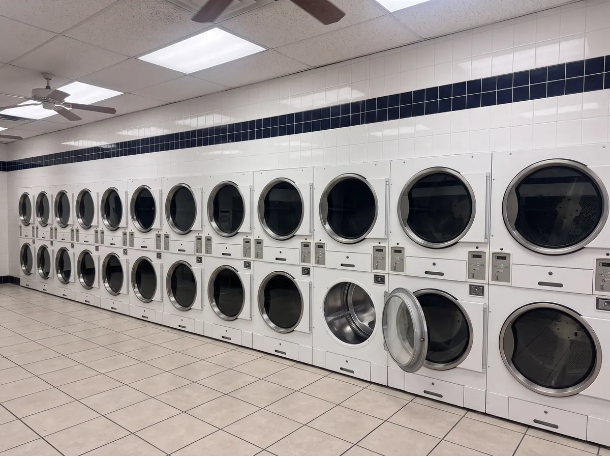 The wall of stacked dryers inside Smile Laundromat in South Plainfield