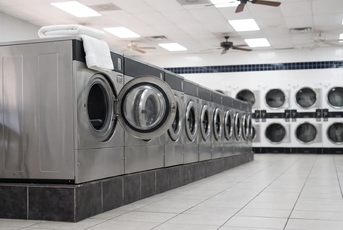 A row of stainless steel front-load washers inside Smile Laundromat, one door open