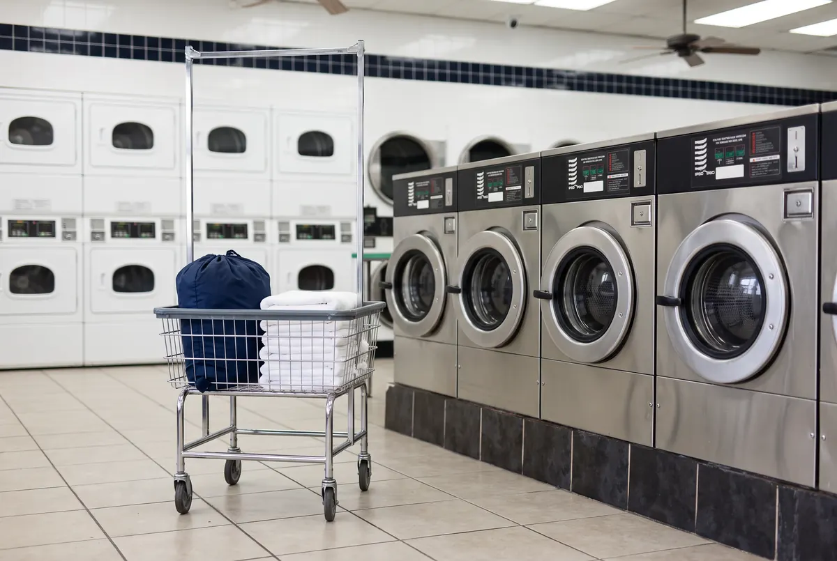 A laundry cart with a packed bag and folded towels beside the washers at Smile Laundromat