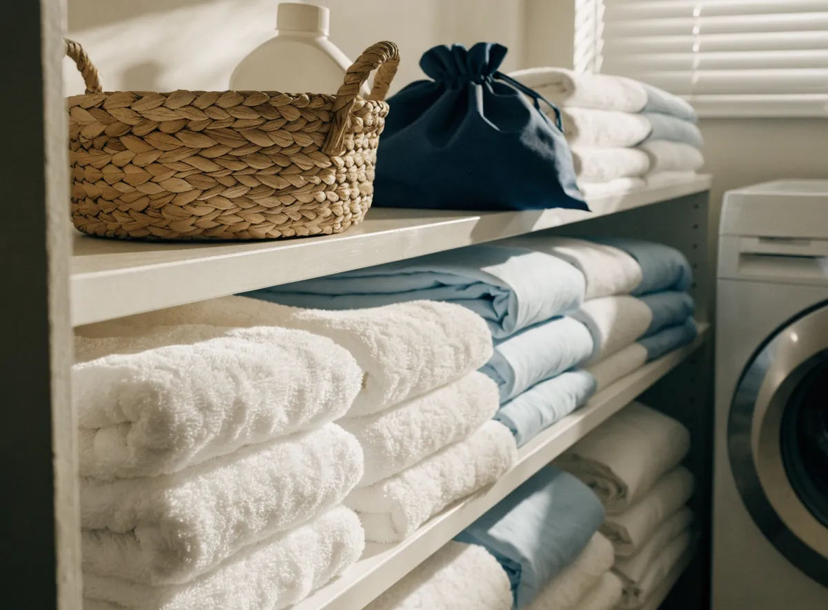 Neatly folded towels and sheets from wash and fold service in Fords, NJ