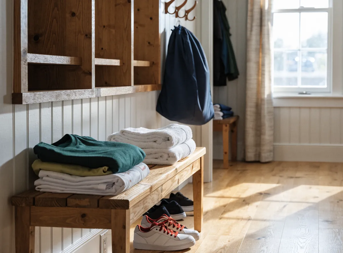 Folded sports uniforms and towels in a family mudroom in Colonia, NJ