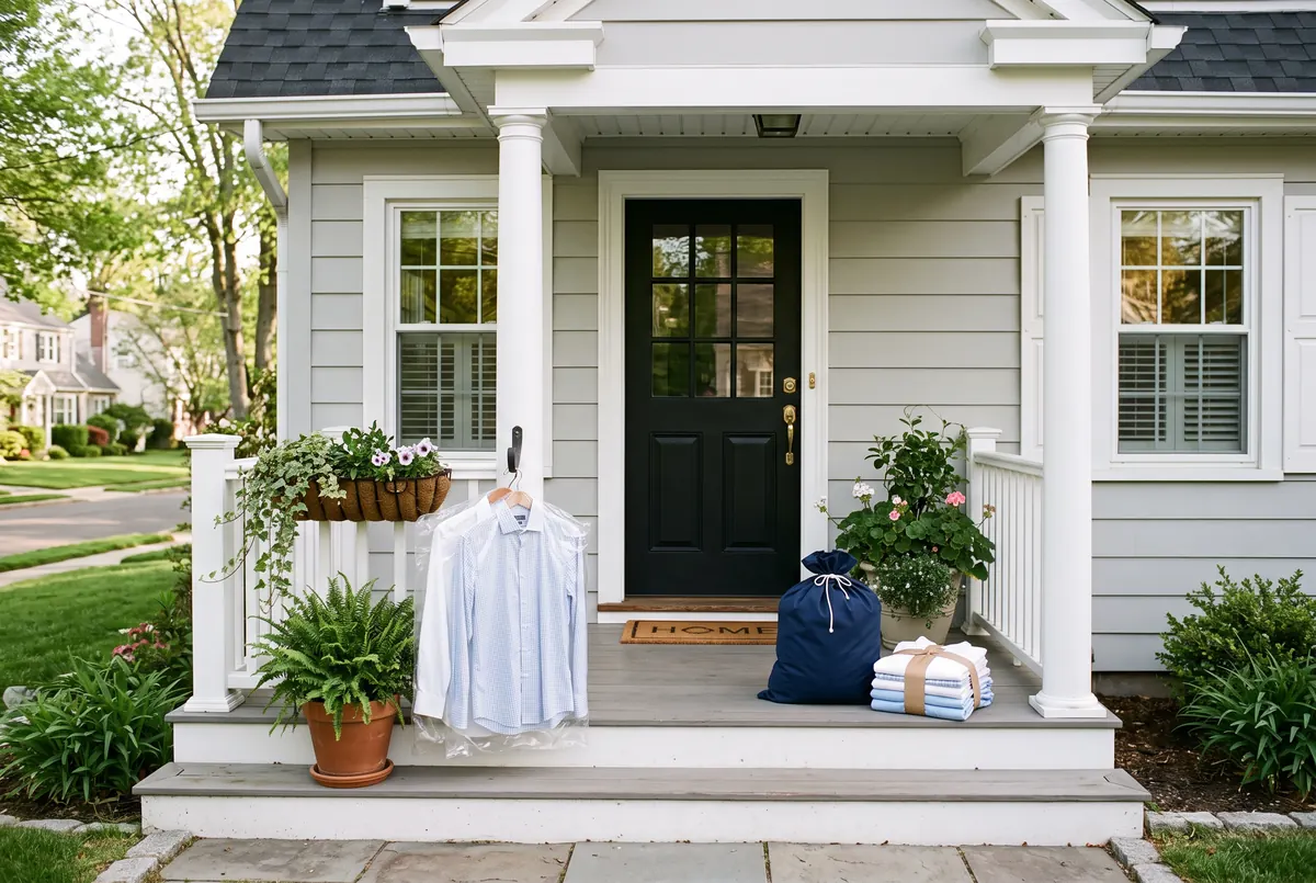 Folded laundry and pressed shirts waiting on a front porch after delivery