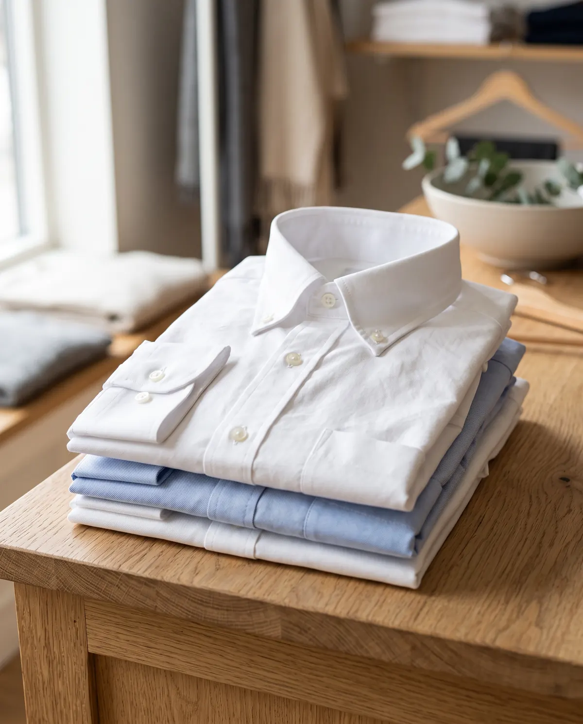 Crisp, freshly pressed white and blue dress shirts folded on a counter