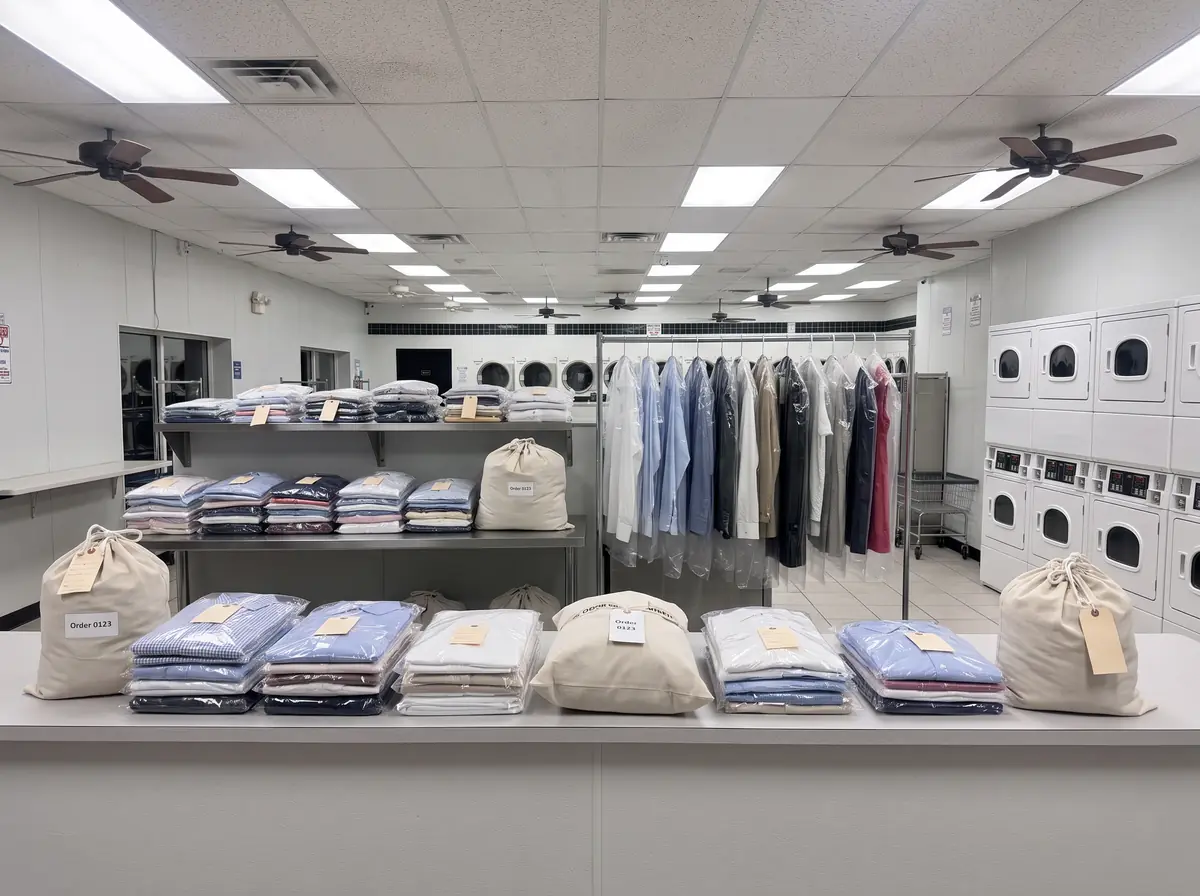 Finished laundry and dry cleaning orders ready at the counter inside Smile Laundromat in South Plainfield, NJ