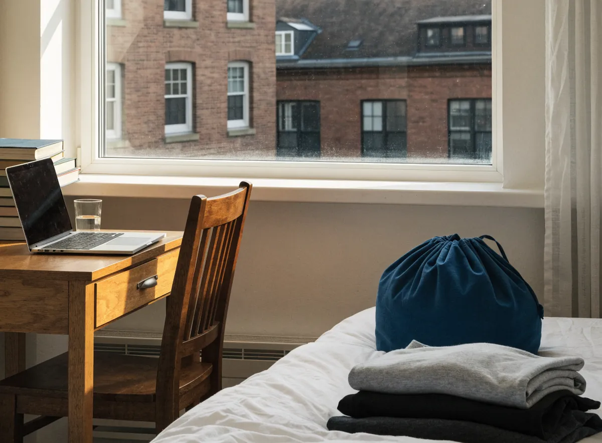 Folded laundry and a pickup bag in a student apartment in Piscataway, NJ