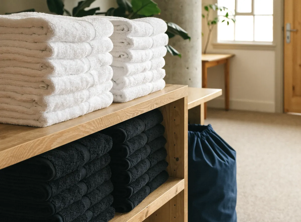 Stacks of clean folded towels on shelves in a small studio