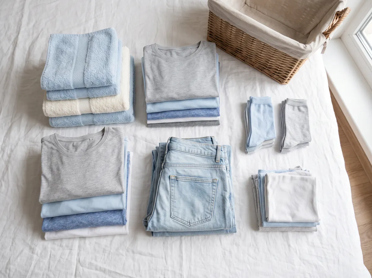 Neatly folded t-shirts, jeans, towels, and socks sorted into stacks