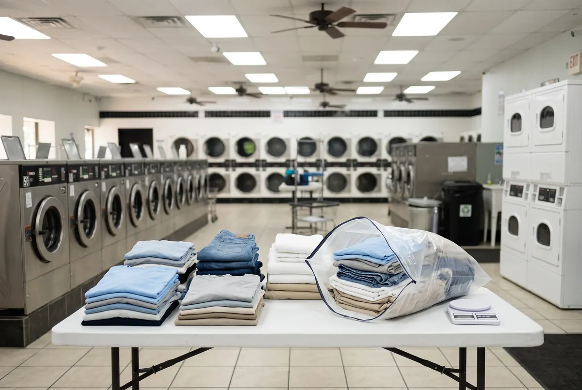 A finished wash and fold order stacked and packed on a folding table inside Smile Laundromat