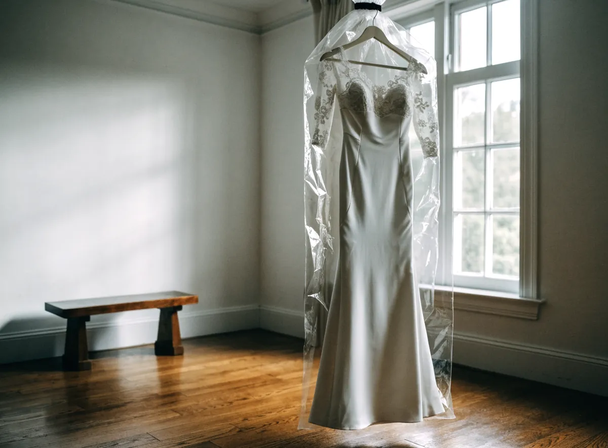 A cleaned white wedding gown hanging in a clear garment bag